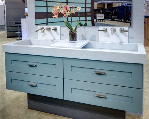 It can be modern, traditional, contemporary, eclectic or since corian vanity tops and countertops are durable and resistant to stains, scratches, and typical wear and tear, they make a. Corian® Seafoam display at KBIS | Contemporary bathroom ...