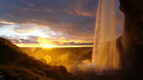 Seljalandsfoss Waterfall At Sunset Iceland Stock Footage
