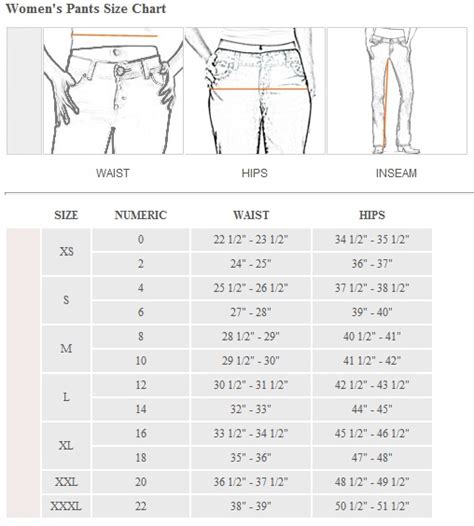 Size Chart For Ladies Pants
