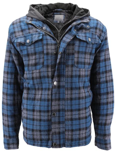 Vkwear Mens Quilted Lined Cotton Plaid Flannel Layered Hoodie Jacket