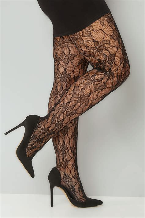 Black Leaf Patterned Lace Tights Plus Size To