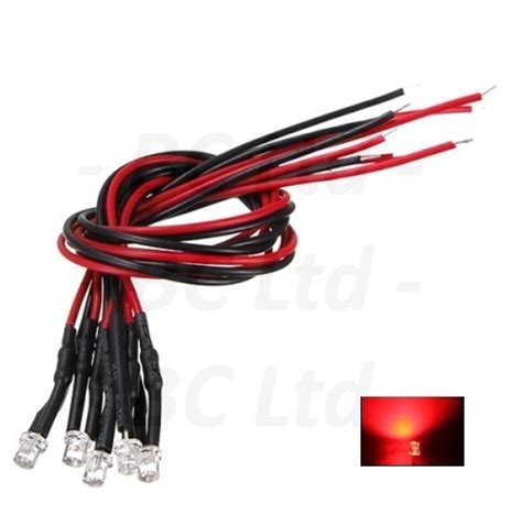 5x 3mm Red Flat Top Pre Wired Led 9v ~ 12v 5 Pieces Bright Components
