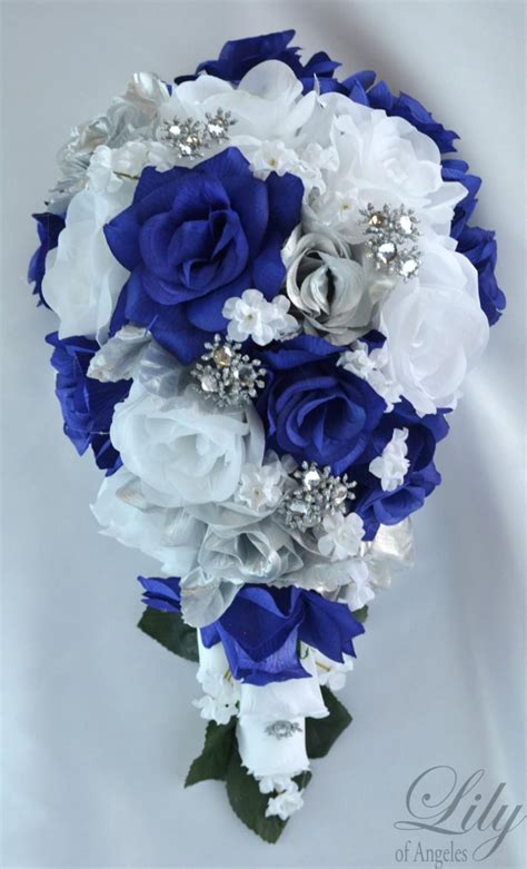 17 Piece Package Wedding Cascade Bouquet Bride Silk Flowers Bridal