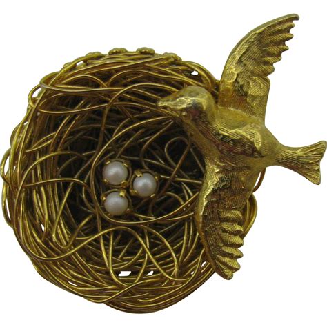 1950s Bird Nest Bird And Faux Pearl Eggs Gold Plated Brooch Pin By From