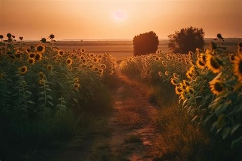 Campo De Girasoles Al Atardecer General Ai Foto Premium