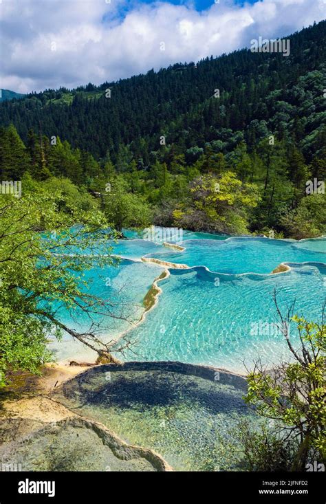 Colorful Calcite Pools At Huanglong National Park Sichuan China Stock