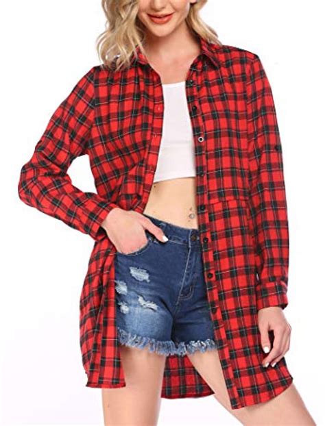 Hotouch Flannel Shirts For Women Roll Up Long Sleeve Collared Pockets