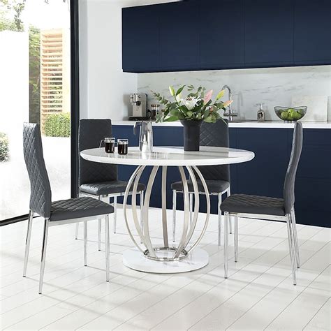Savoy Round White High Gloss And Chrome Dining Table With 4 Renzo Grey