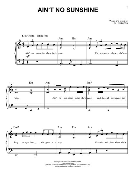 Aint No Sunshine Piano Sheet Music Aint No Sunshine Free Sheet Music By Bill Withers Sheet