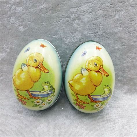 Vintage Metal Tin Litho Easter Egg Candy Containers Duck Frog England 2