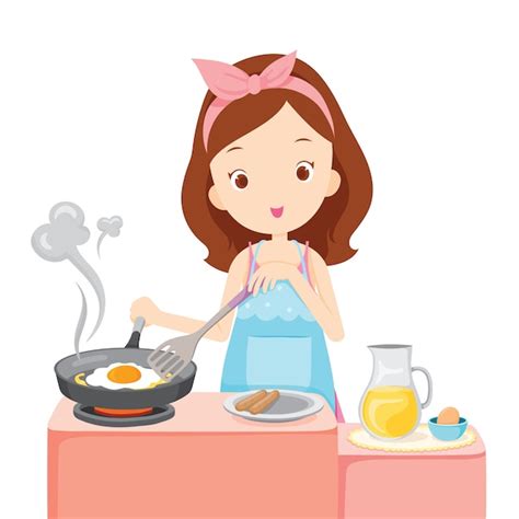 Chica Cocinando Huevos Fritos Para El Desayuno En La Cocina Vector Premium