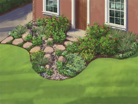 Carving out circular areas or curved paths among the green grass is a common idea for incorporating flowers into the backyard design. Landscape Plan: Water-Wise Garden | HGTV