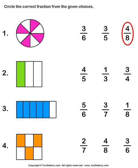 Identify Fraction Represented By Shaded Part Turtle Diary Worksheet