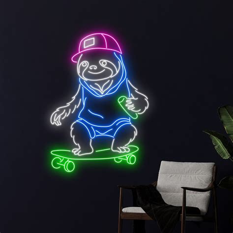 Sloth Skateboarding Neon Sign Skateboard Sloth Led Sign Sloth
