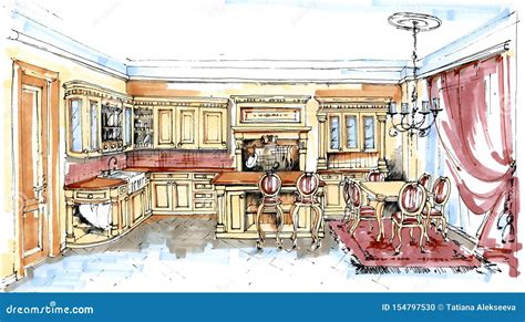 Handrown Colorful Watercolor Sketch Of A Classic Kitchen Interior