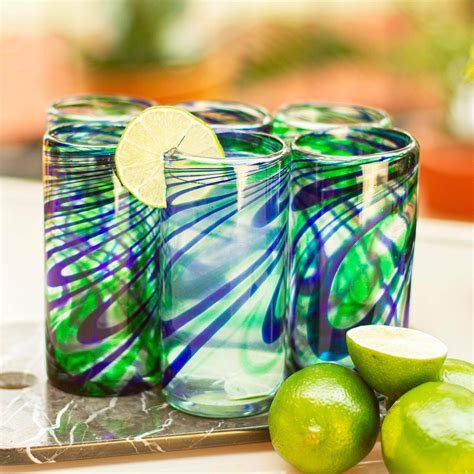Glassware And Drinkware Mixed Drinkware Sets Set Of 6 Mexican Blown Glass Drinking Glasses Emerald
