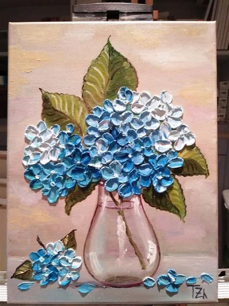 Blue Hydrangeas In A Glass Vase Original Oil Impasto Painting Size In