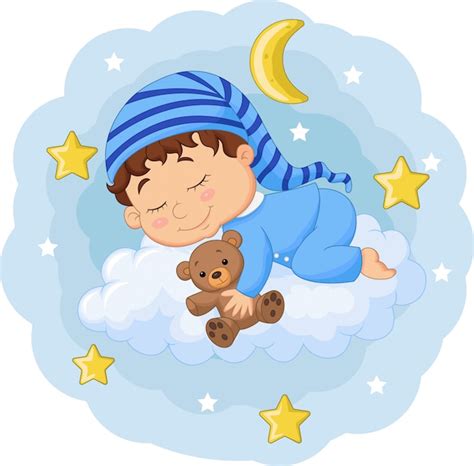 Bebé De Dibujos Animados Durmiendo Con Osito De Peluche En Las Nubes