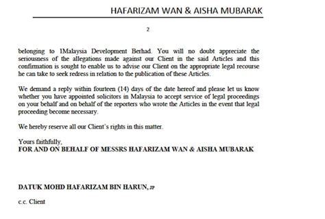 Mohd hafarizam was also charged with committing a similar offence, involving rm3.5 million through a amislamic bank berhad cheque belonging to najib, which was deposited into the account of the same legal firm at cimb bank. Najib punya lawyer's letter to WSJ… in simple English ...