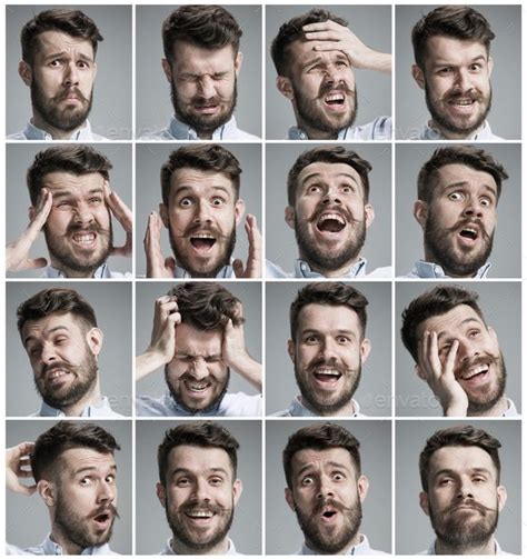 Set Of Young Mans Portraits With Different Emotions Facial