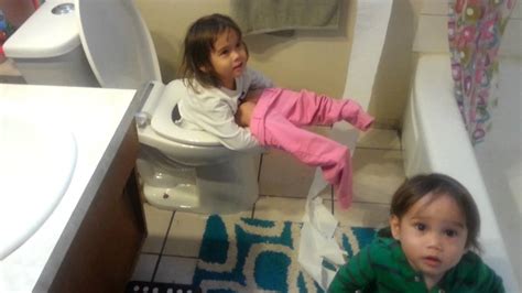 Girl Falls In Toilet While Baby Brother Makes A Mess With Toilet Paper YouTube
