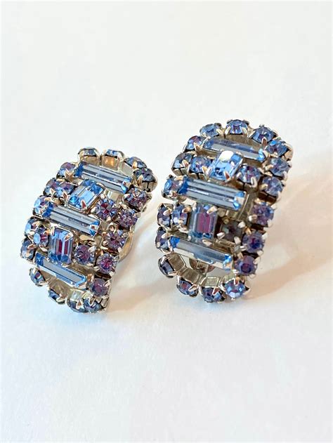 Vintage Light Blue Rhinestone Earrings 1960s Silver Etsy