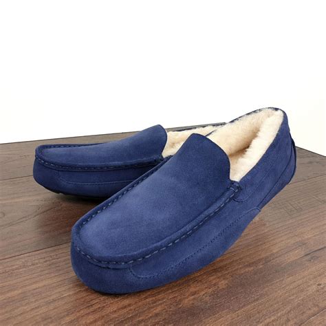 Navy Blue Sheepskin Moccasin Slippers For Men Jacobs And Dalton