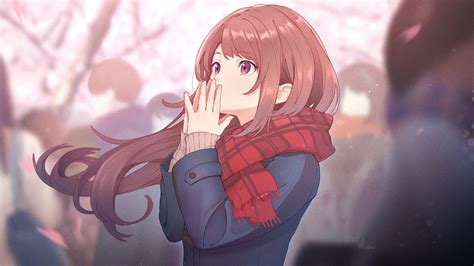 Desktop Wallpaper Cute Anime Girl Pretty Eyes Winter Red Scarf Hd Image Picture