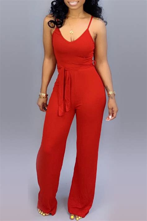 Lovely Casual Lace Up Red One Piece Jumpsuitwith Elasticjumpsuit