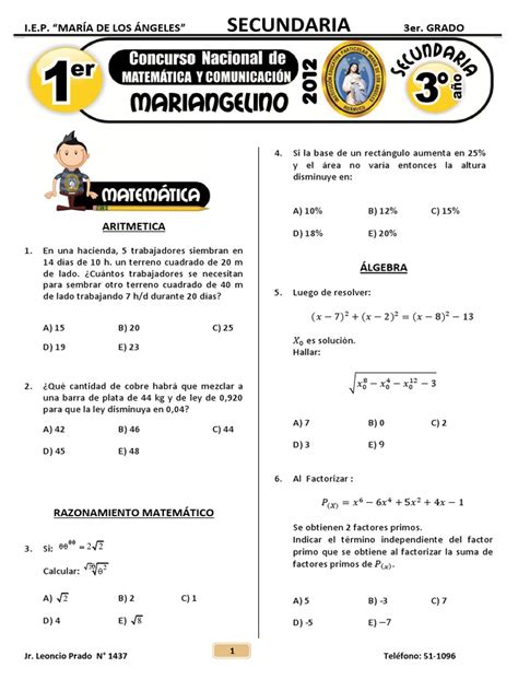 Exámenes De 3ro De Secundaria Circulo Matemáticas Elementales