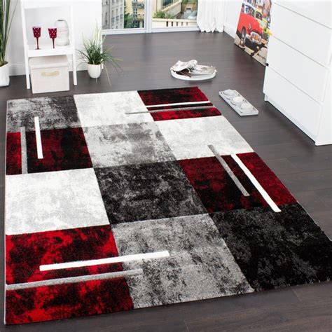 Paco Home Designer Rug Modern With Contour Cut Chequered In Silver Black Red Size2