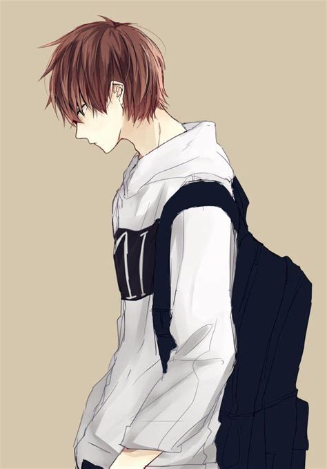Brown Haired Boy With White Sweatshirt And Black Backpack Anime