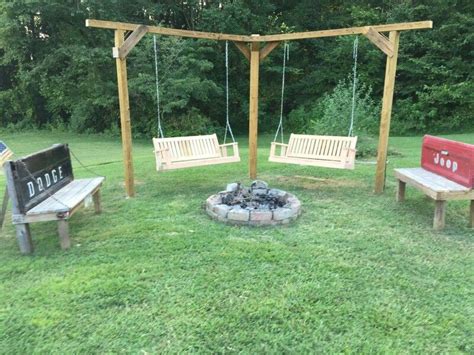 I like this particular fire pit and how its just the perfect size for. Double swing and tailgate benches around our fire pit. | Fire pit backyard, Backyard fire, Fire ...
