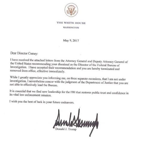 La Carta De Despido De Donald Trump Al Director Del Fbi Noticias