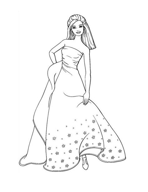 Coloring Page Of A Barbie With A Beautiful Dress To Print And Color