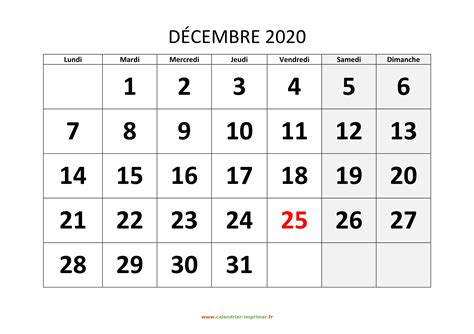 Calendrier Décembre 2020 à Imprimer