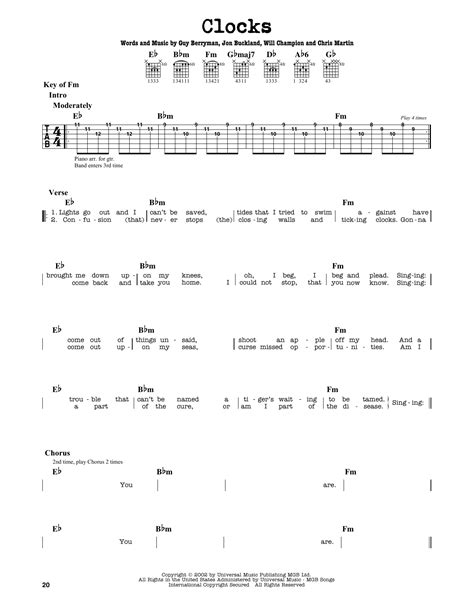 Clocks By Coldplay Guitar Lead Sheet Guitar Instructor