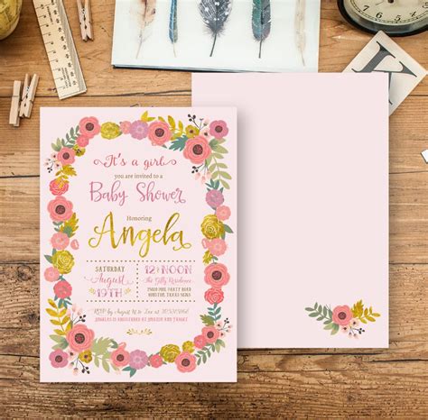 Floral Wreath Baby Girl Shower Invitation Pink And Gold Flowers Shower