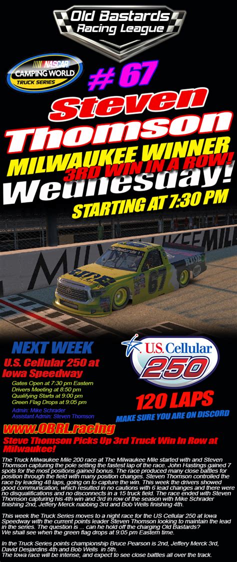 Последние твиты от nascar camping world trucks (@nascar_trucks). Steve Thomson Driving The No. 67 RideTV Racing Tundra ...