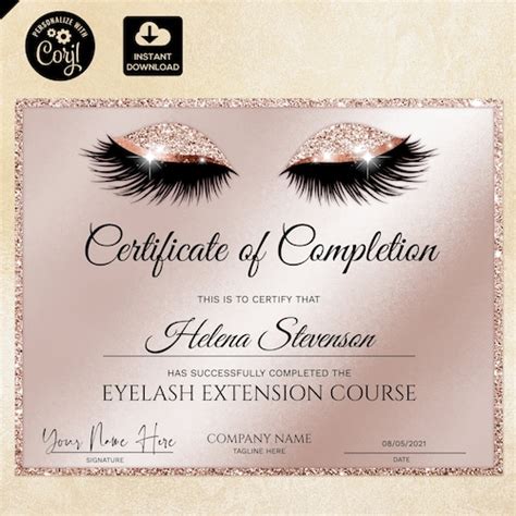 Certificate Of Completion Lashes Certificate Template Rose Etsy