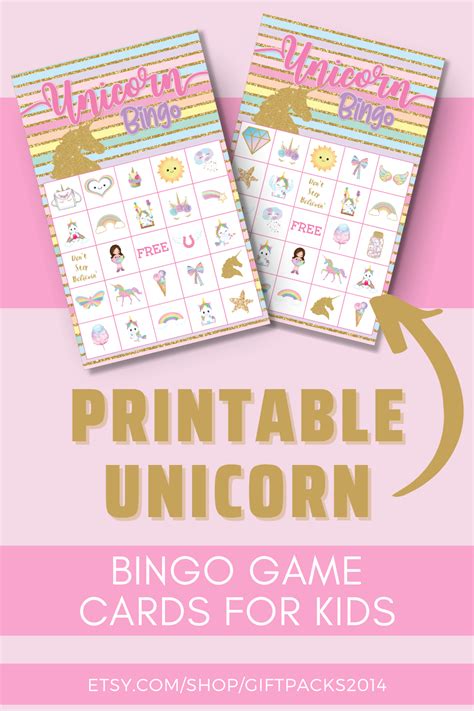 Unicorn Bingo Game For Kids Printable Unicorn Birthday Party Etsy