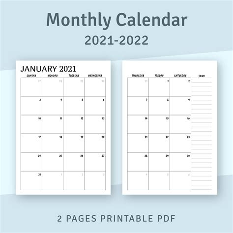 Printable Calendar Monthly 2021 2022 Month On Two Page Etsy