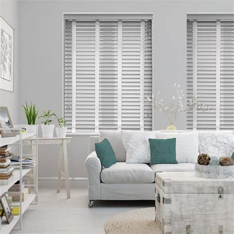 Pearl Grey And White Wooden Blind With Tapes 50mm Slat Living Room