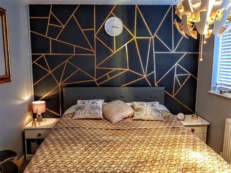 See how black wall paint and decor can invigorate just about any room, from a cozy library to a spacious kitchen. Black and gold geometric wall. | Wall decor bedroom ...