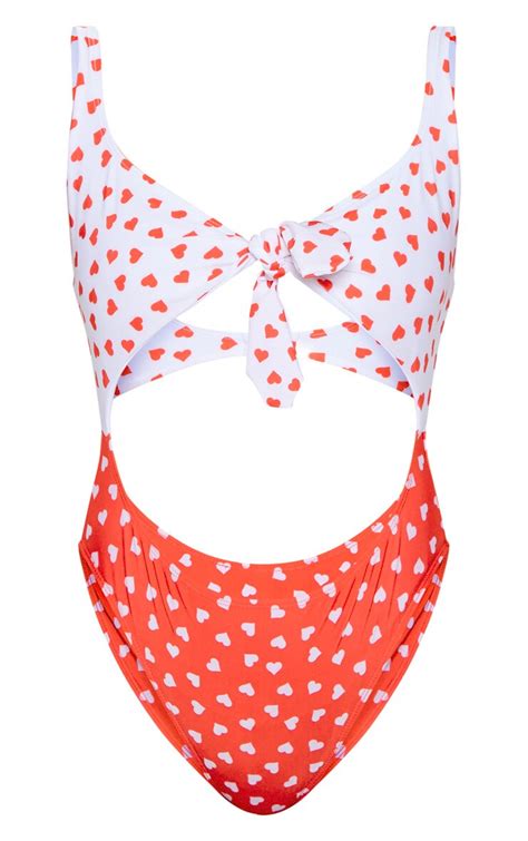 Red Heart Tie Front Cut Out Swimsuit Prettylittlething