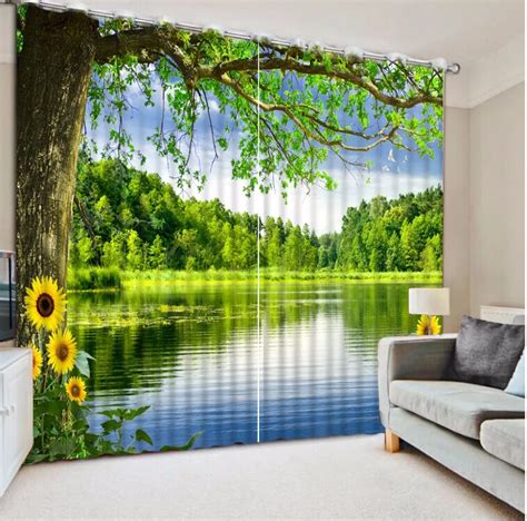 Green Nature Scenery Curtains For Bedroom Lake Sheer Window Curtain