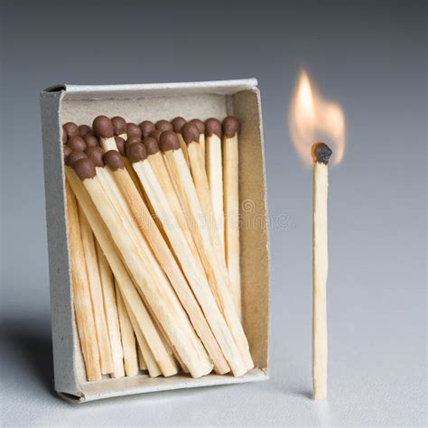 Matches Box And One Match In Fire Matchstick Burning Flame Idea Stock