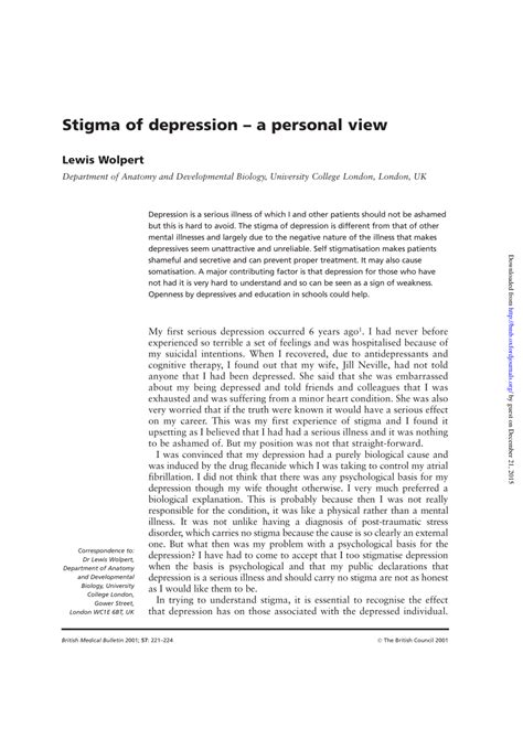 Pdf Stigma Of Depression—a Personal View