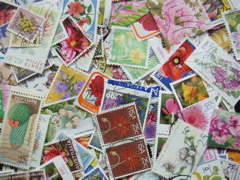 50 Botanical Flowers Floral Postage Stamps All Different Off Etsy Uk