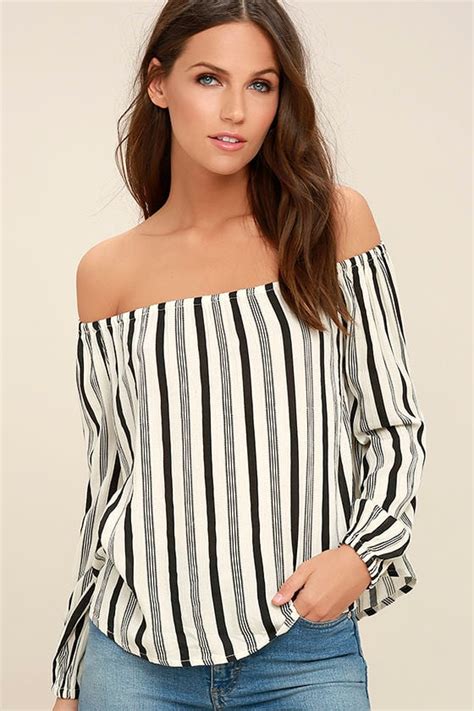 Billabong Mi Amore Black And White Striped Top Off The Shoulder Top